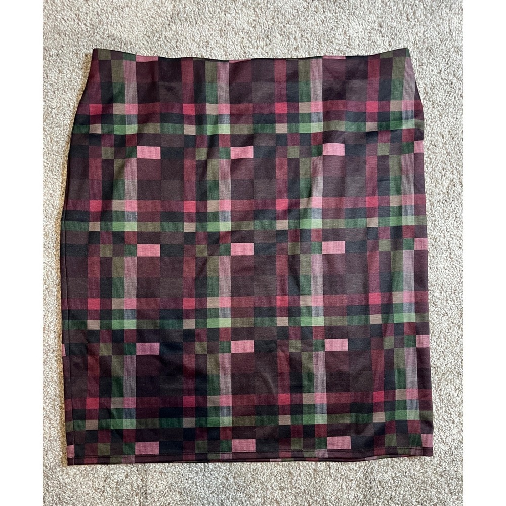Carole Wren Womens XL Plaid Pencil Skirt Burgundy Green Stretch Ponte Knit Mid